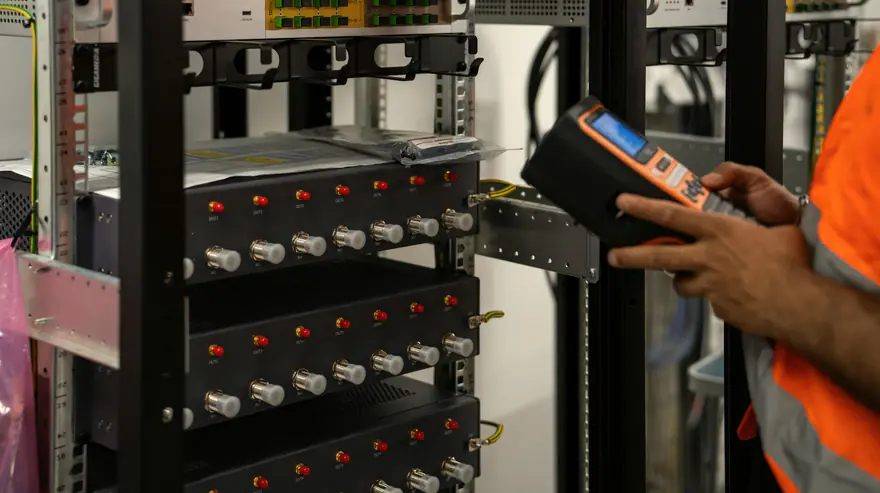 Técnico de colete laranja com um testador de rede nas mãos ao lado de um rack com equipamentos